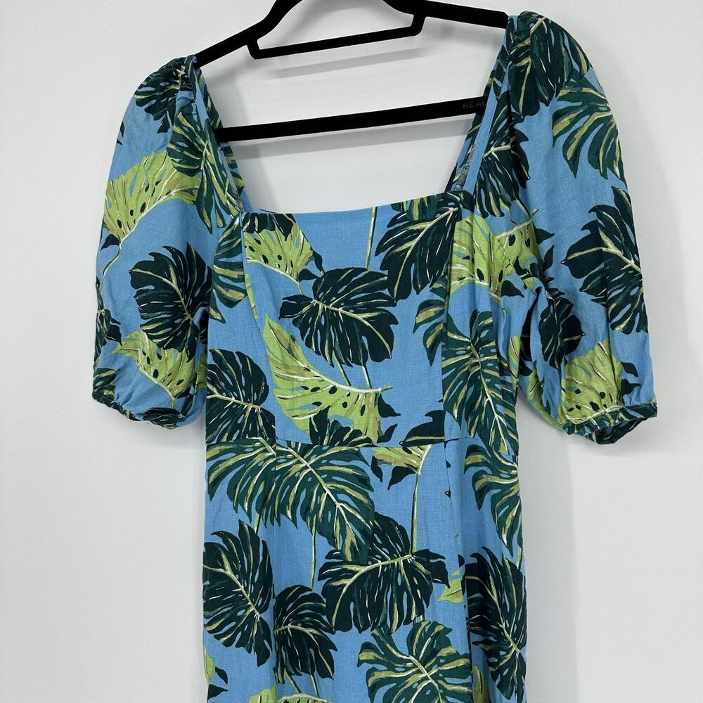 Draper James Dress Womens 4 Blue Green Leaf Linen Puff Sleeve Midi Fit Flare - Picture 4 of 10